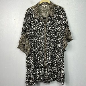 Umgee Black & Gray Print Sheer Ruffle Sleeve Hem Button Front Tunic Top Medium